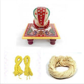 Combo of White Marble Ganesh Ji With Choki and yellow & white Janeu Thread