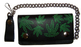 Wholesale MULTIPLE POT LEAVES MARIJUANA  6 INCH BIKER / TRUCKER LEATHER WALLET WITH CHAIN (Sold by the piece)