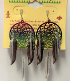 Wholesale 3-Inch Metal Dream Catcher Rainbow Dangle Earrings with Gold Feathers (SOLD BY THE PAIR)