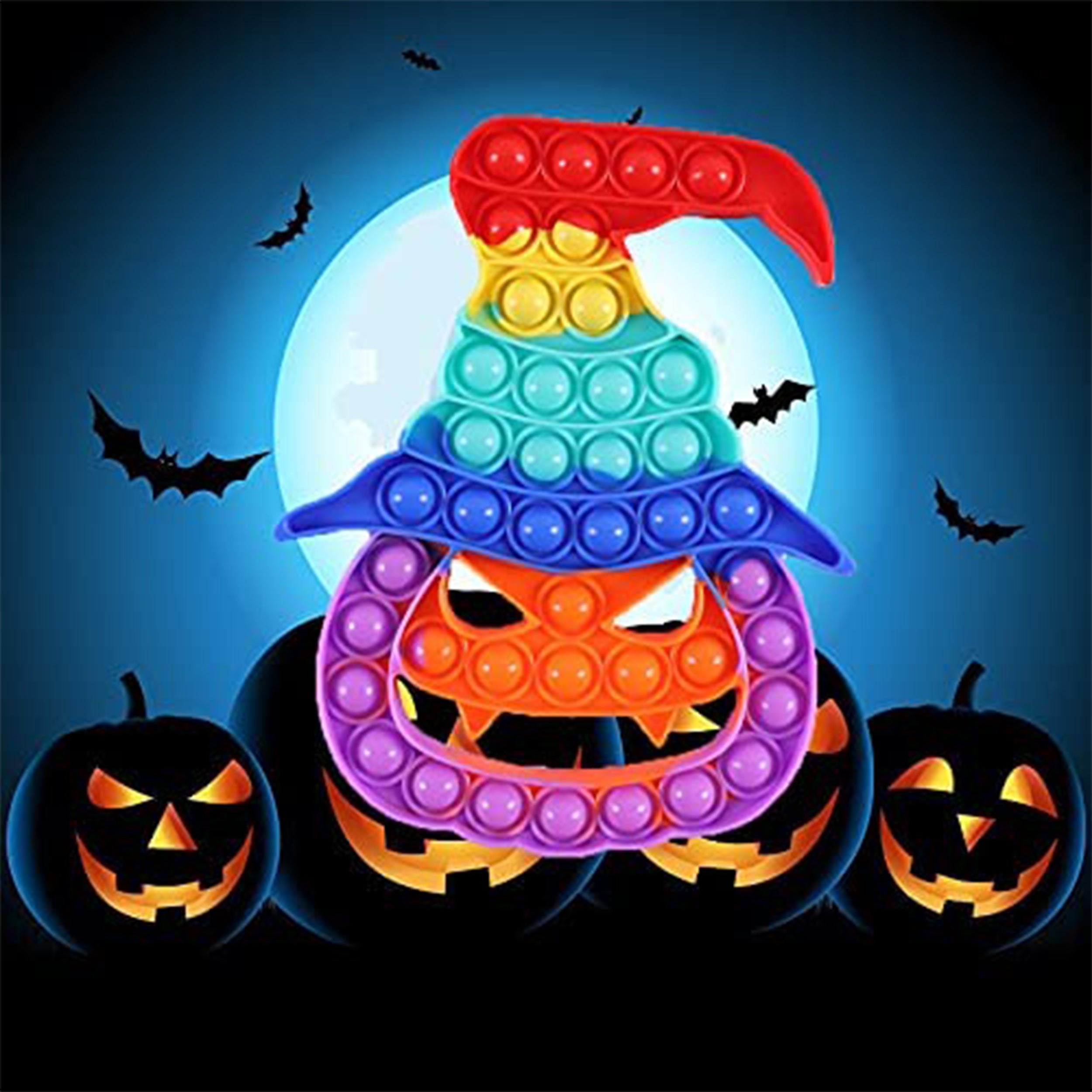Rainbow Pumpkin Witch Halloween Pop it Fidget Toys with scary background