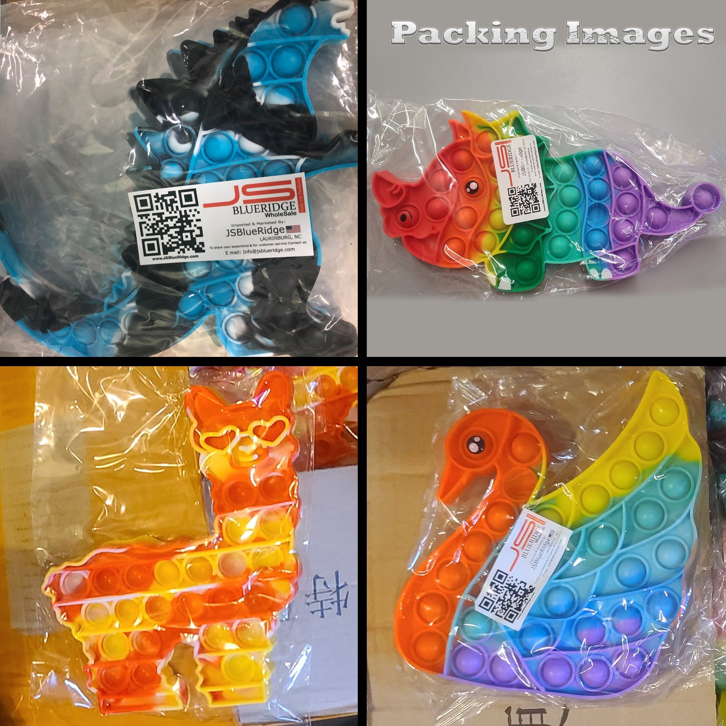 Godzilla, Triceratops, Lama, Swan Shape Pop it Fidget Toys Packing Images
